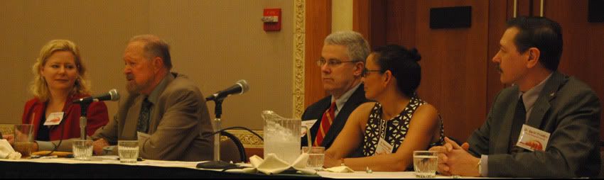 Photo of Conference Speakers.  From left, Janet Porter, Joe Scheidler, Alan Sears, Marci Moffit, and David Prentice